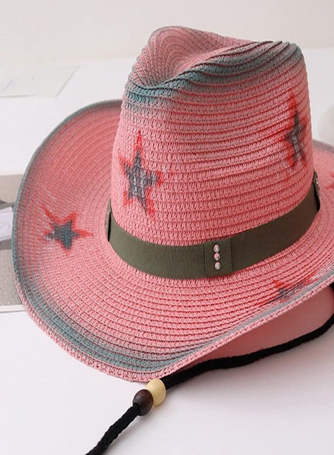GUDVES Western Cowboy Hat, Pink Adjustable Straw Sun Hats,Pentagram Wide Brim Belt Women's Cowgirl Hats, Suitable for Parties Hiking (Pink) - Image 2